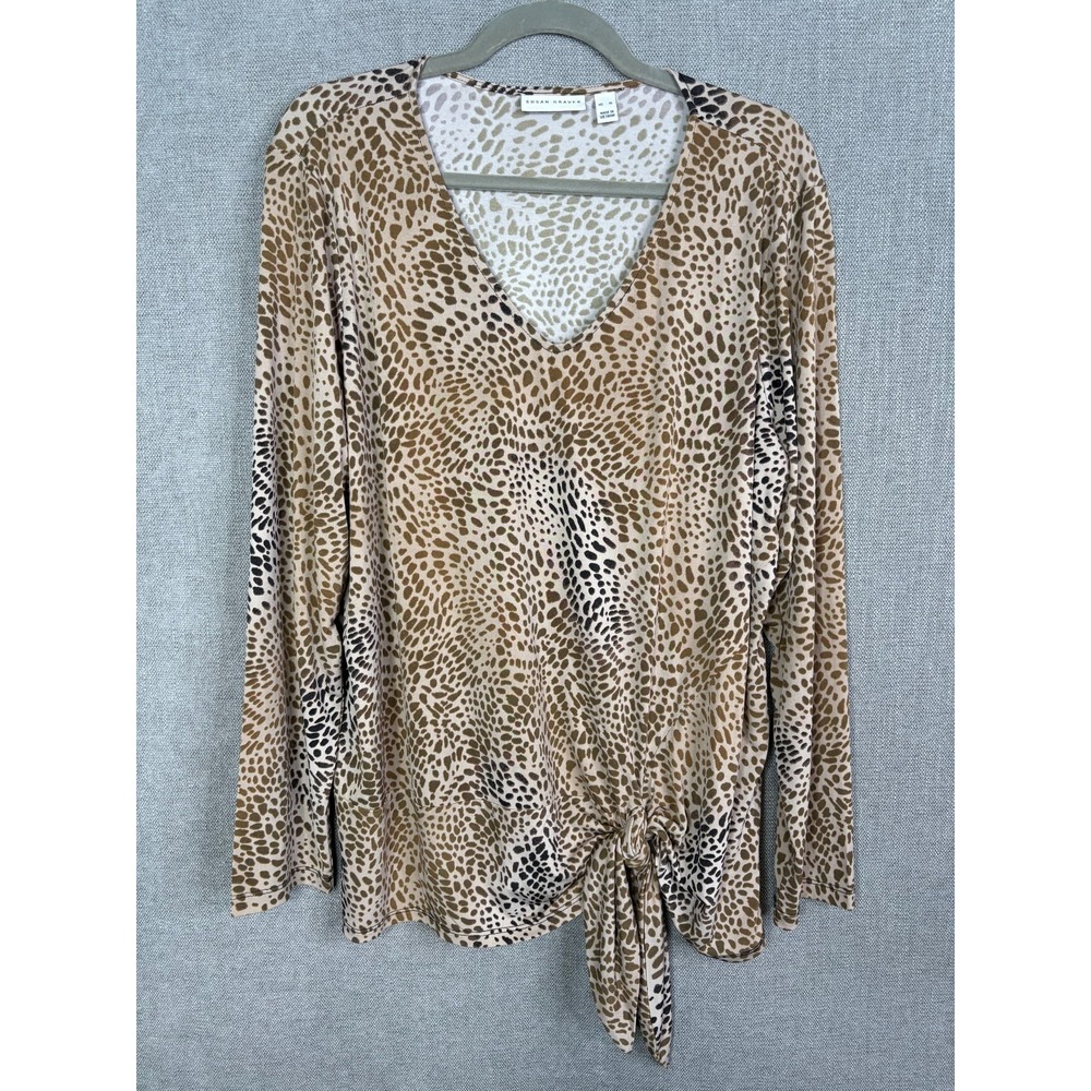Susan Graver Top Womens Extra Large Beige Animal Print Cheetah Liquid Knit Tie